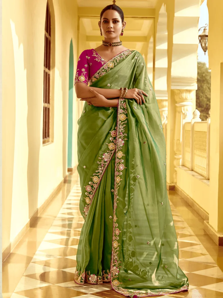 Wedding Mehendi Ceremony Green Saree Collection
