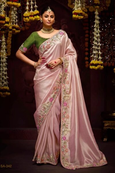 Peach Pink Jacquard Silk Saree with Floral Embroidery Border - Raal Silk