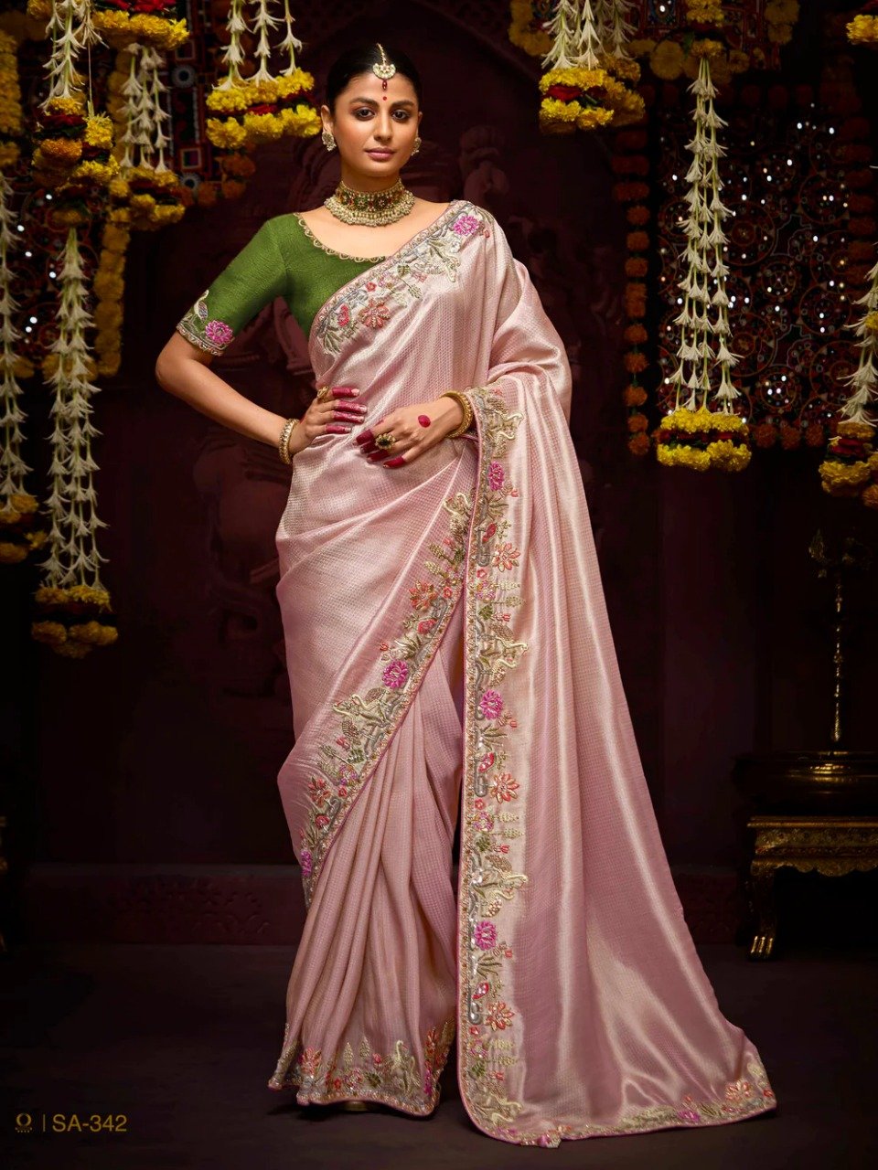 Peach Pink Jacquard Silk Saree with Floral Embroidery Border - Raal Silk