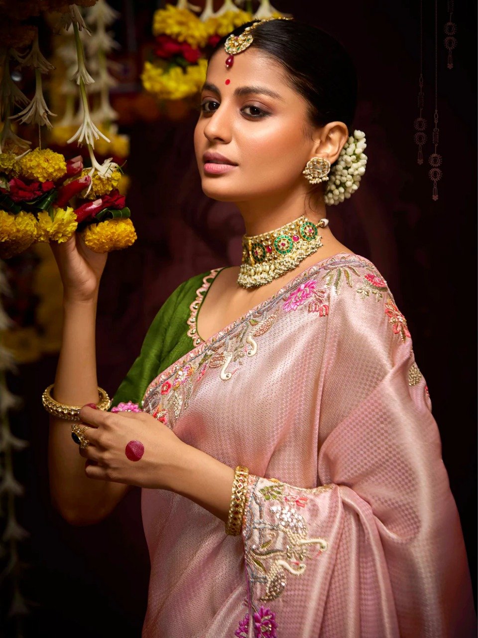 Peach Pink Jacquard Silk Saree with Intricate Floral Vine Embroidery Border - Raal Silk