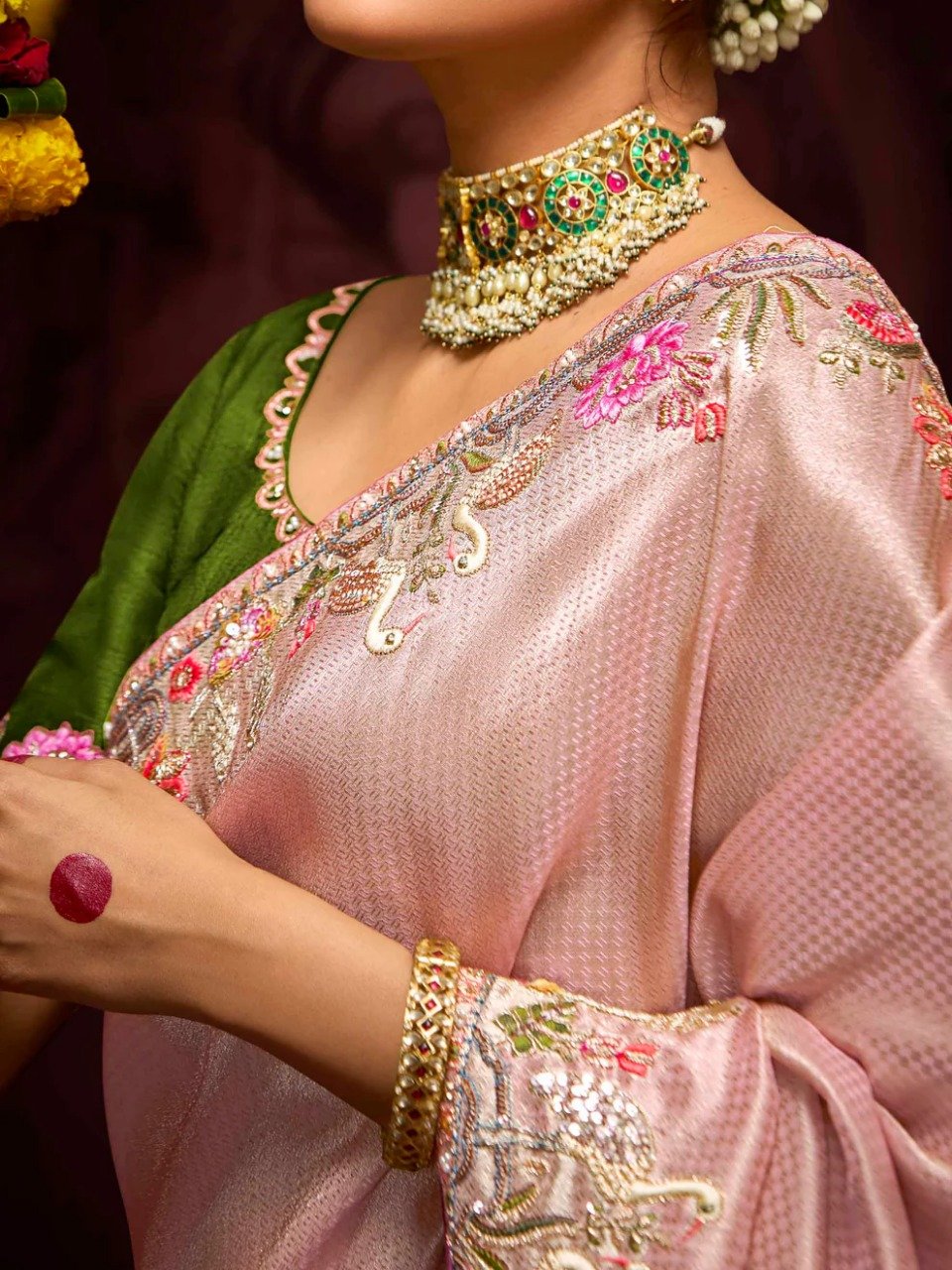 Close-up of Shimmering Jacquard Silk Fabric and Maroon Embroidery Work - Raal Silk Saree Collection