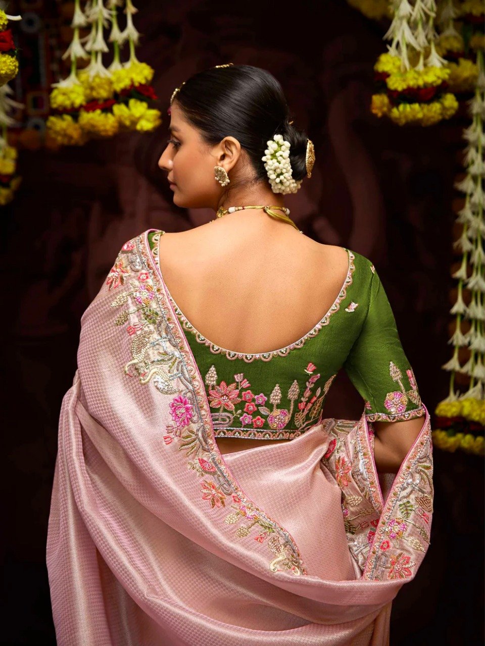 Premium Peach Pink Silk Saree with Contrast Maroon Heavy Embroidery Blouse - Luxury Ethnic Wear by Raal Silk