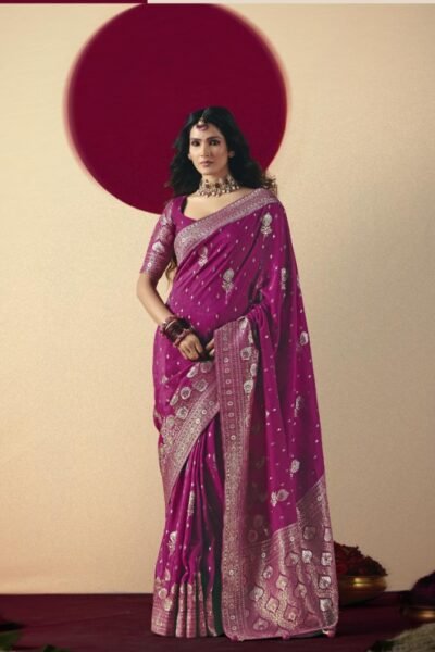 Elegant wine pink saree with intricate weaving and traditional design for festive and party wear