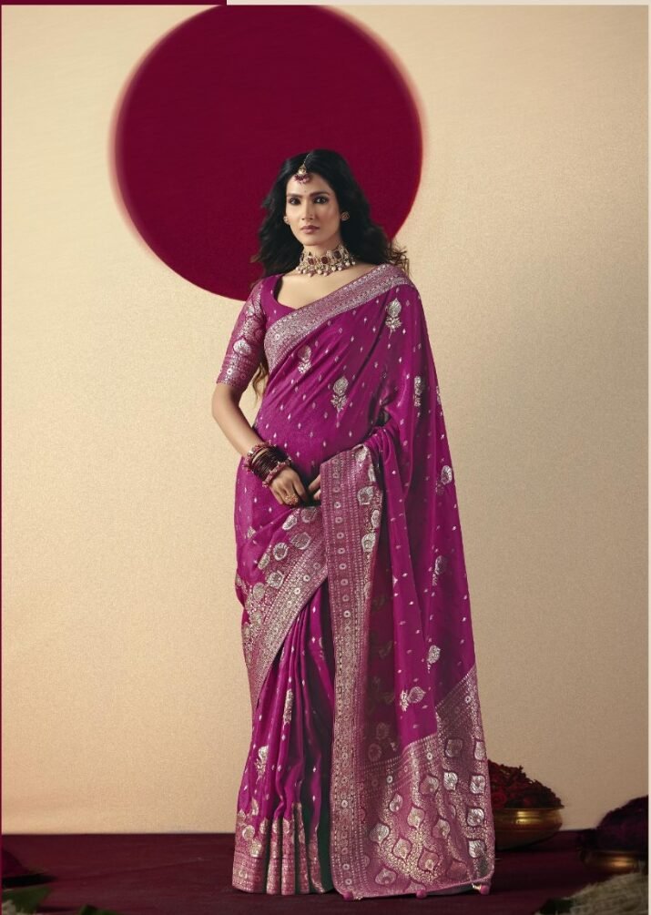 Elegant wine pink saree with intricate weaving and traditional design for festive and party wear