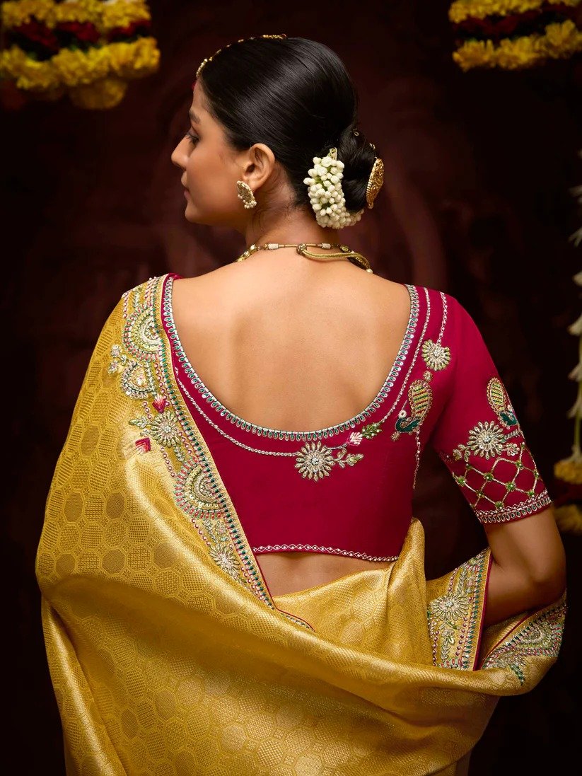 Yellow Pure Banarasi Kanjivaram Silk Saree - Image 3