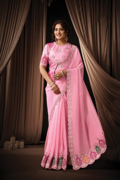 Baby Pink Tissue Organza Designer Saree
