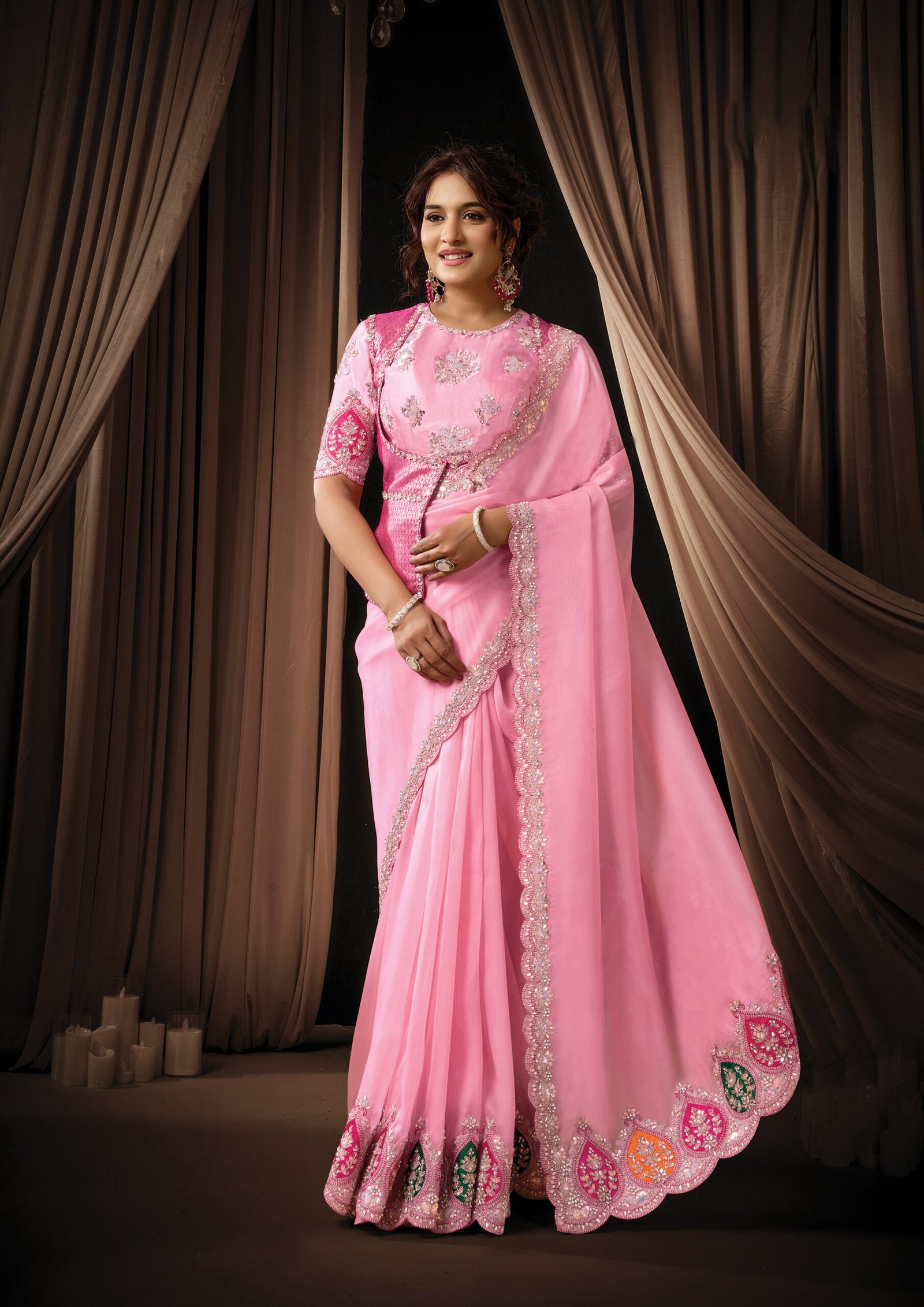 Baby Pink Tissue Organza Designer Saree