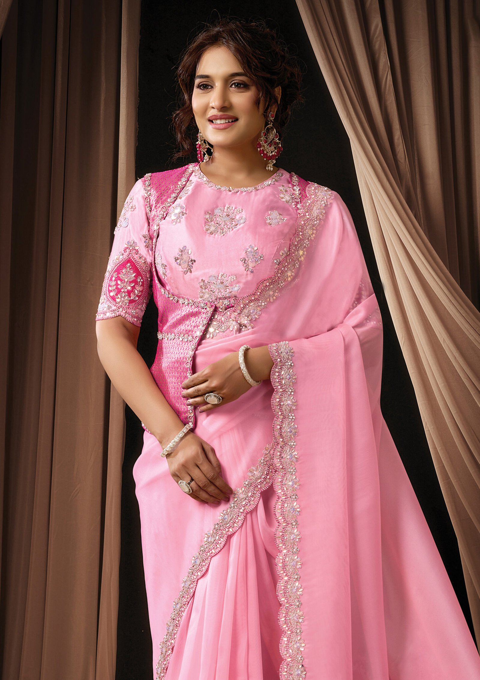 Baby Pink Tissue Organza Designer Saree - Image 2