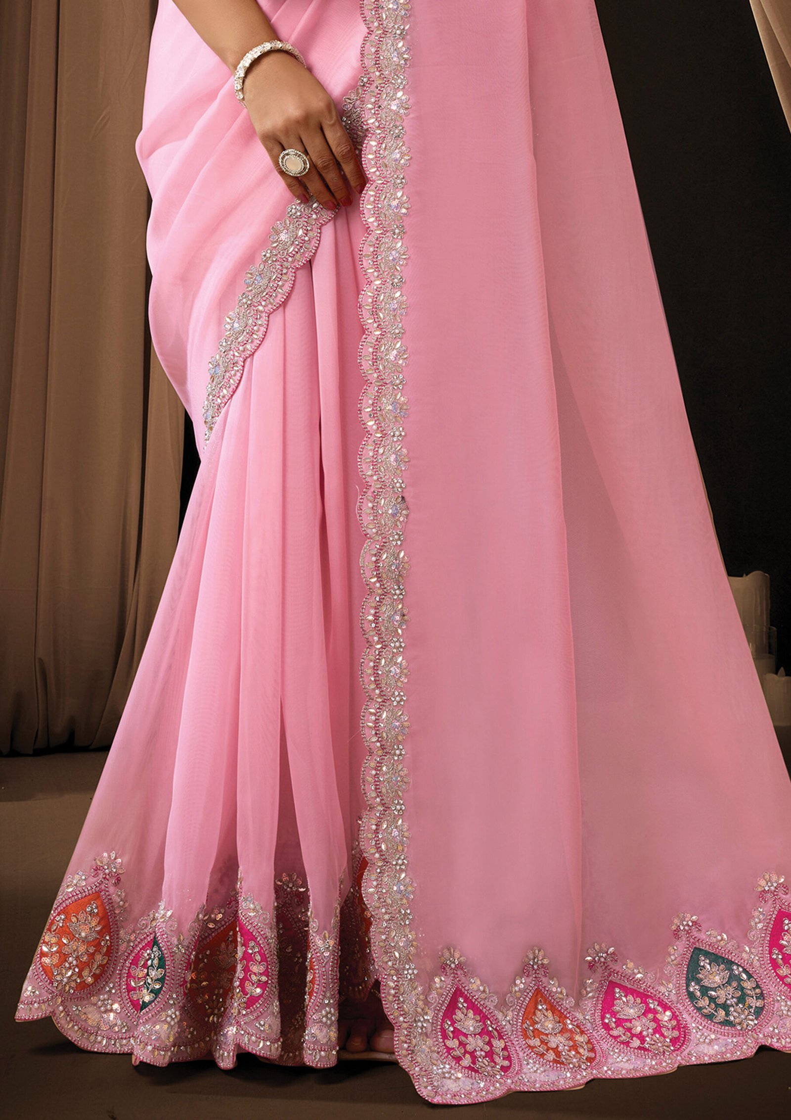 Baby Pink Tissue Organza Designer Saree - Image 6