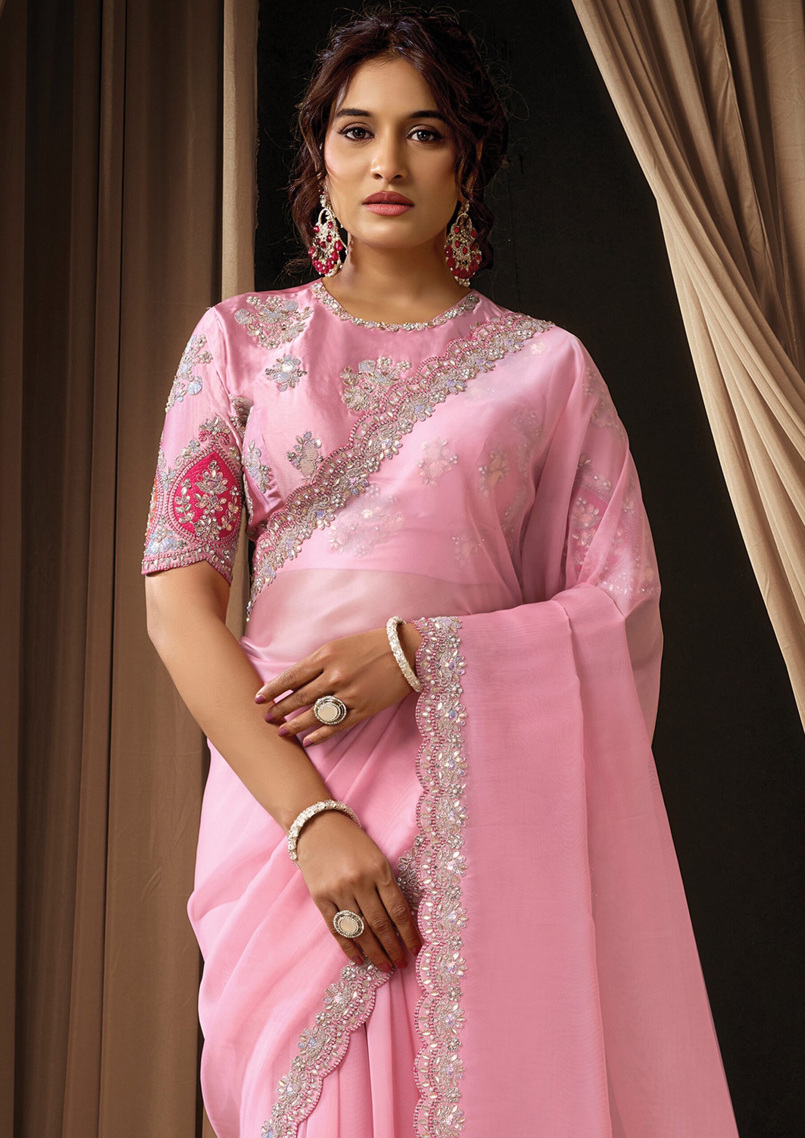 Baby Pink Tissue Organza Designer Saree - Image 7