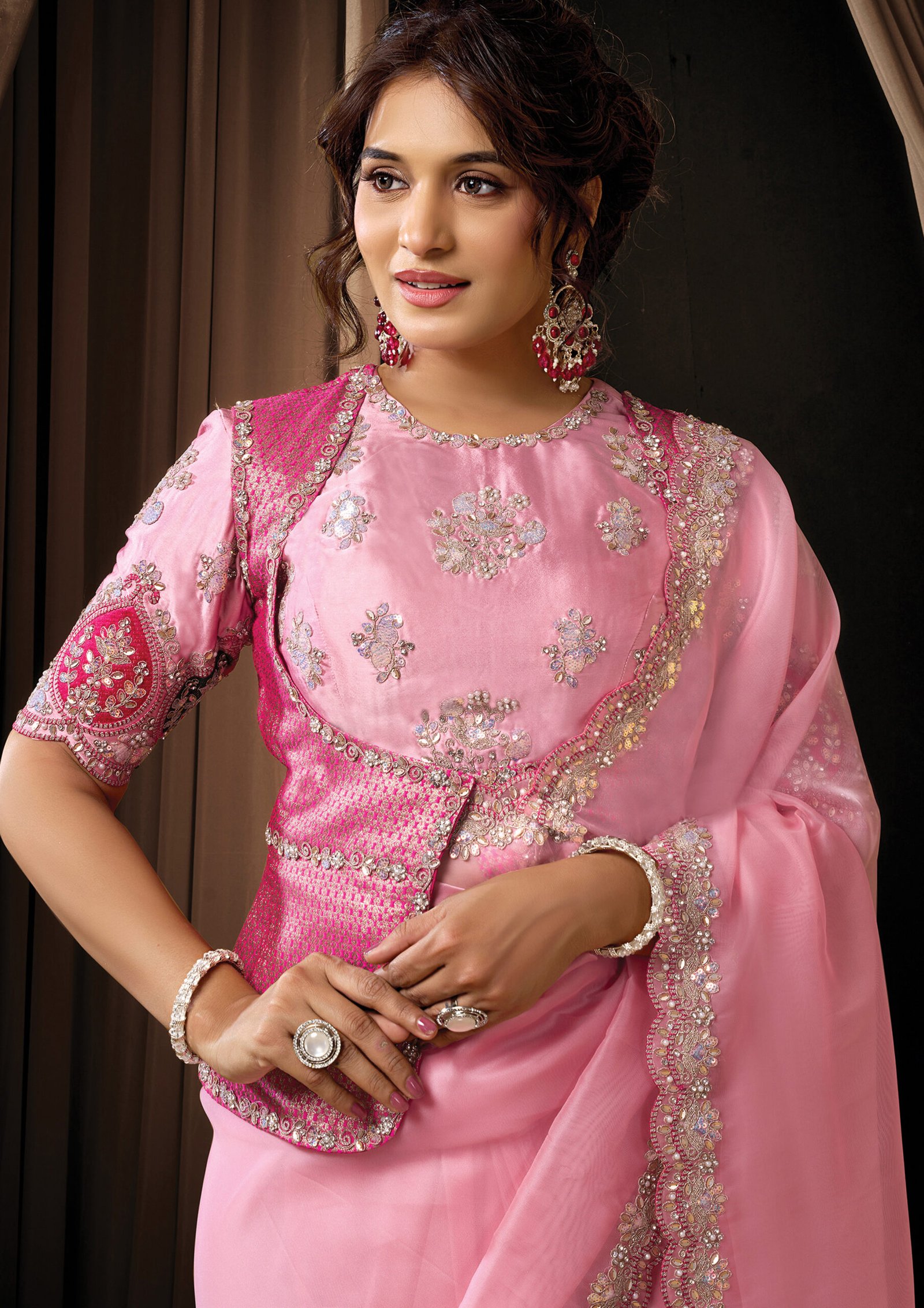 Baby Pink Tissue Organza Designer Saree - Image 8