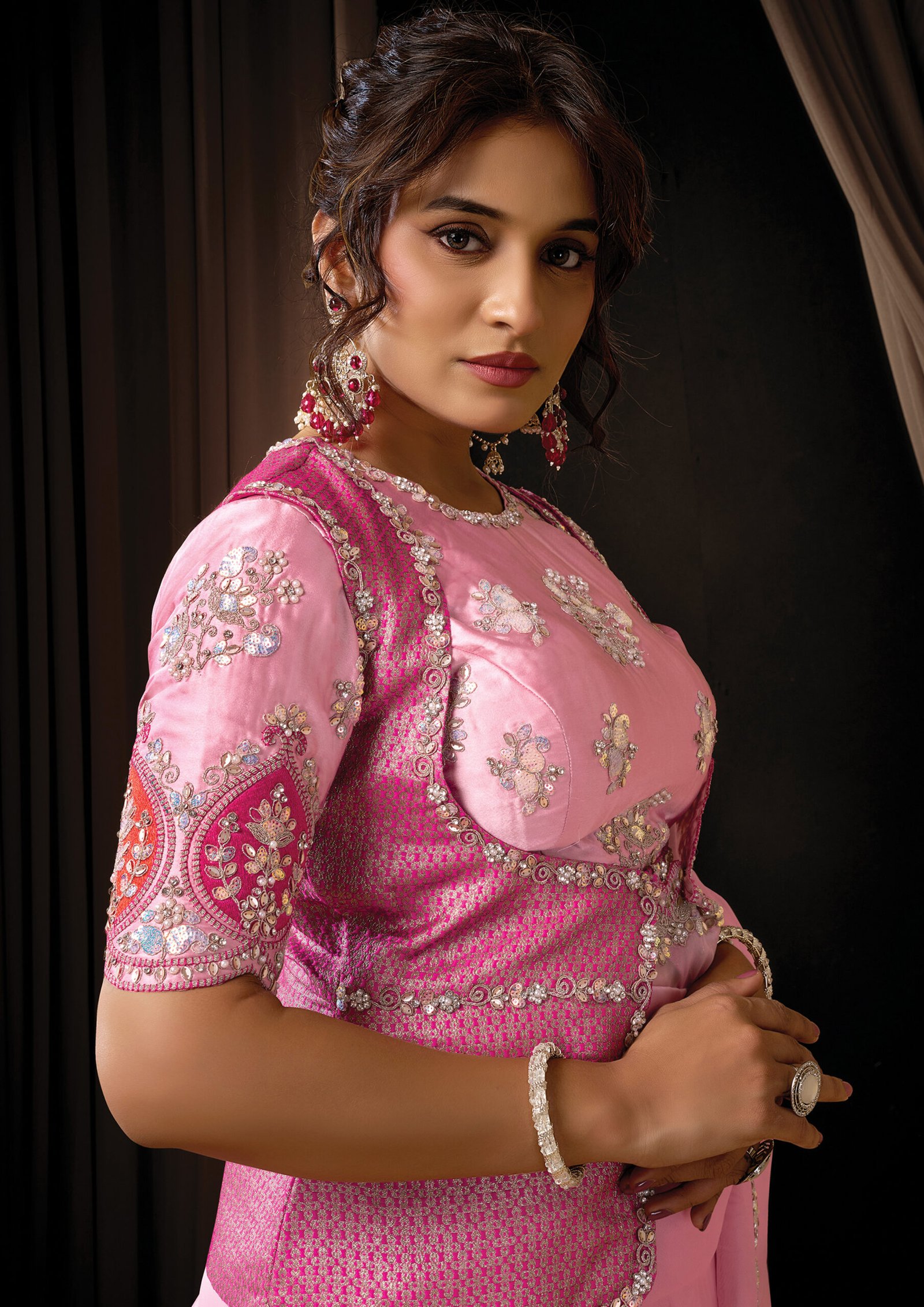 Baby Pink Tissue Organza Designer Saree - Image 3