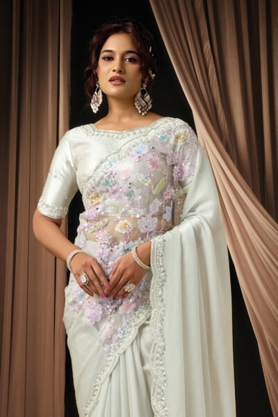 Mint Green Satin Silk Saree with Applique Work