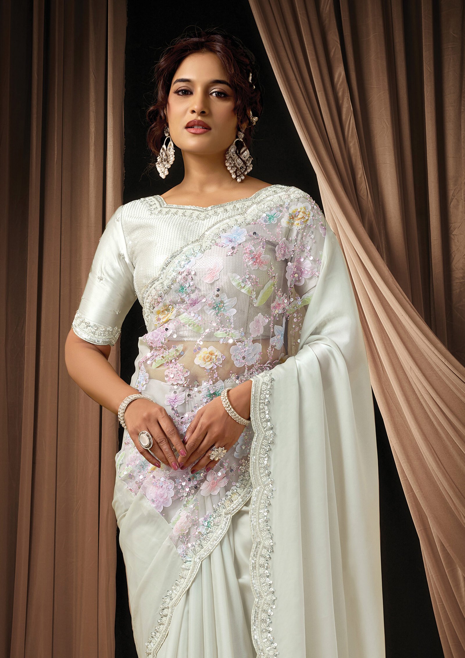 Mint Green Satin Silk Saree with Applique Work