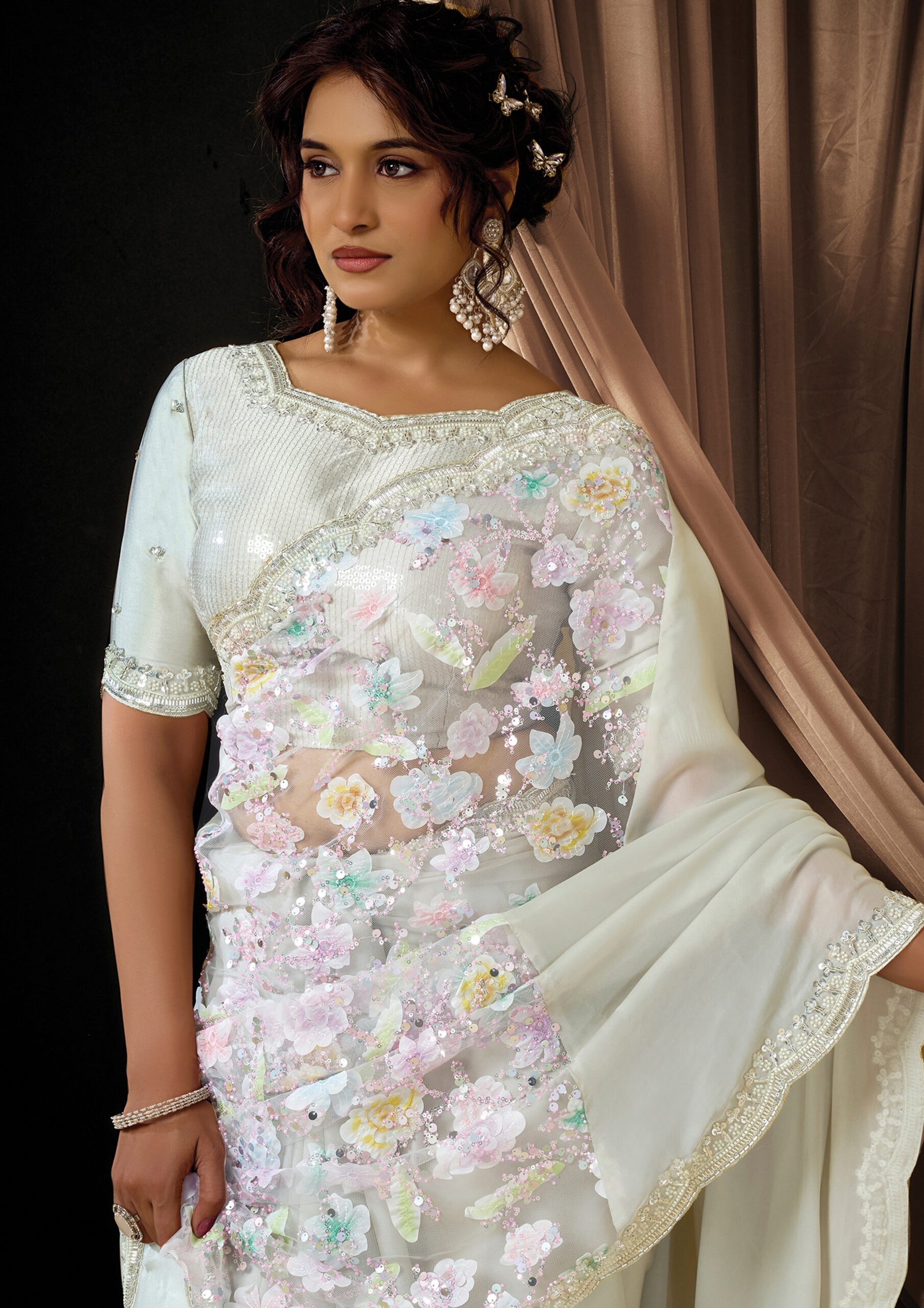 Mint Green Satin Silk Saree with Applique Work - Image 3