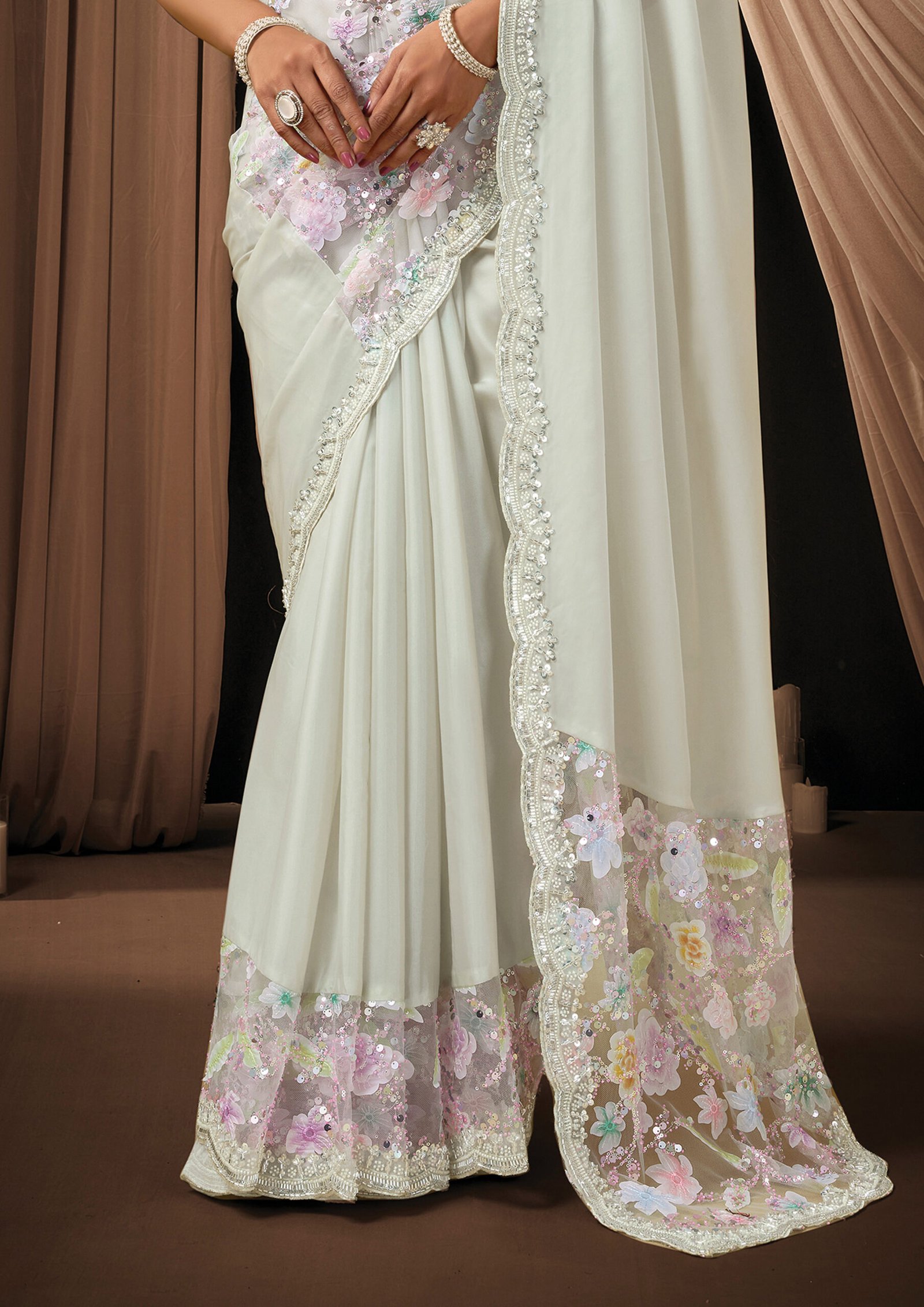 Mint Green Satin Silk Saree with Applique Work - Image 4