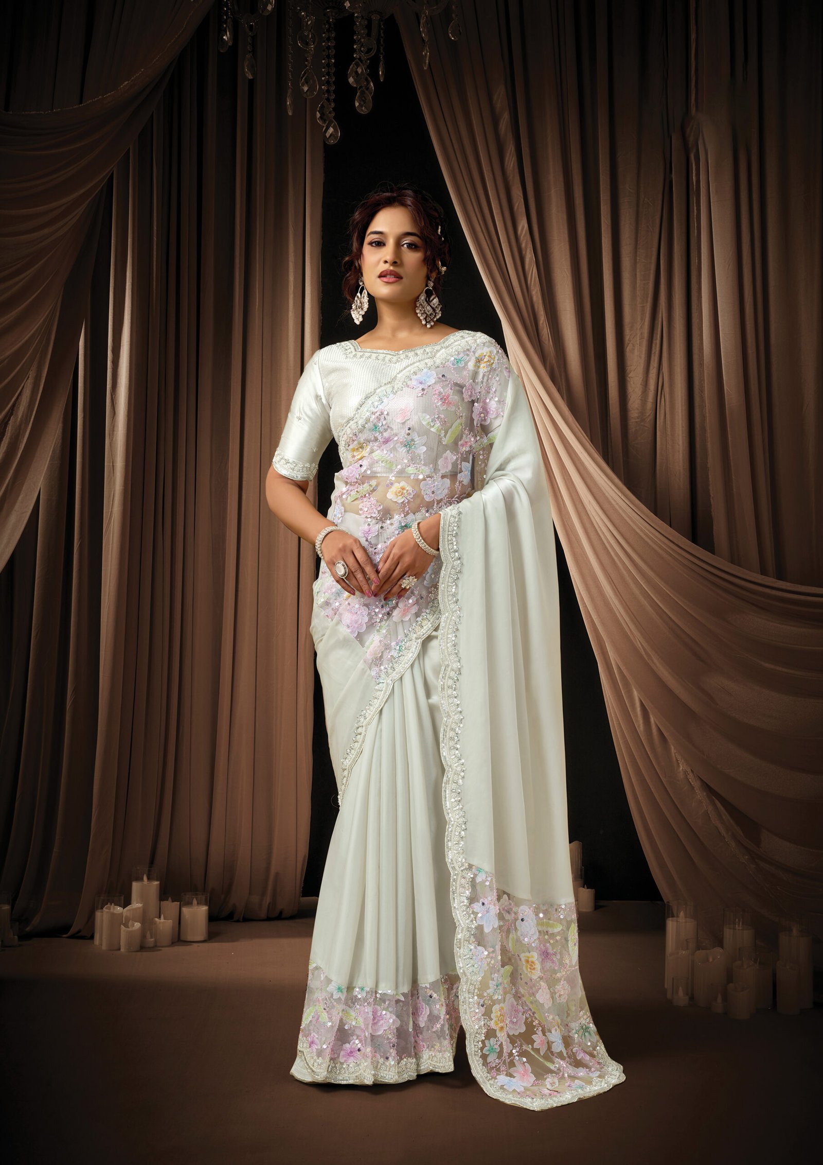 Mint Green Satin Silk Saree with Applique Work - Image 2